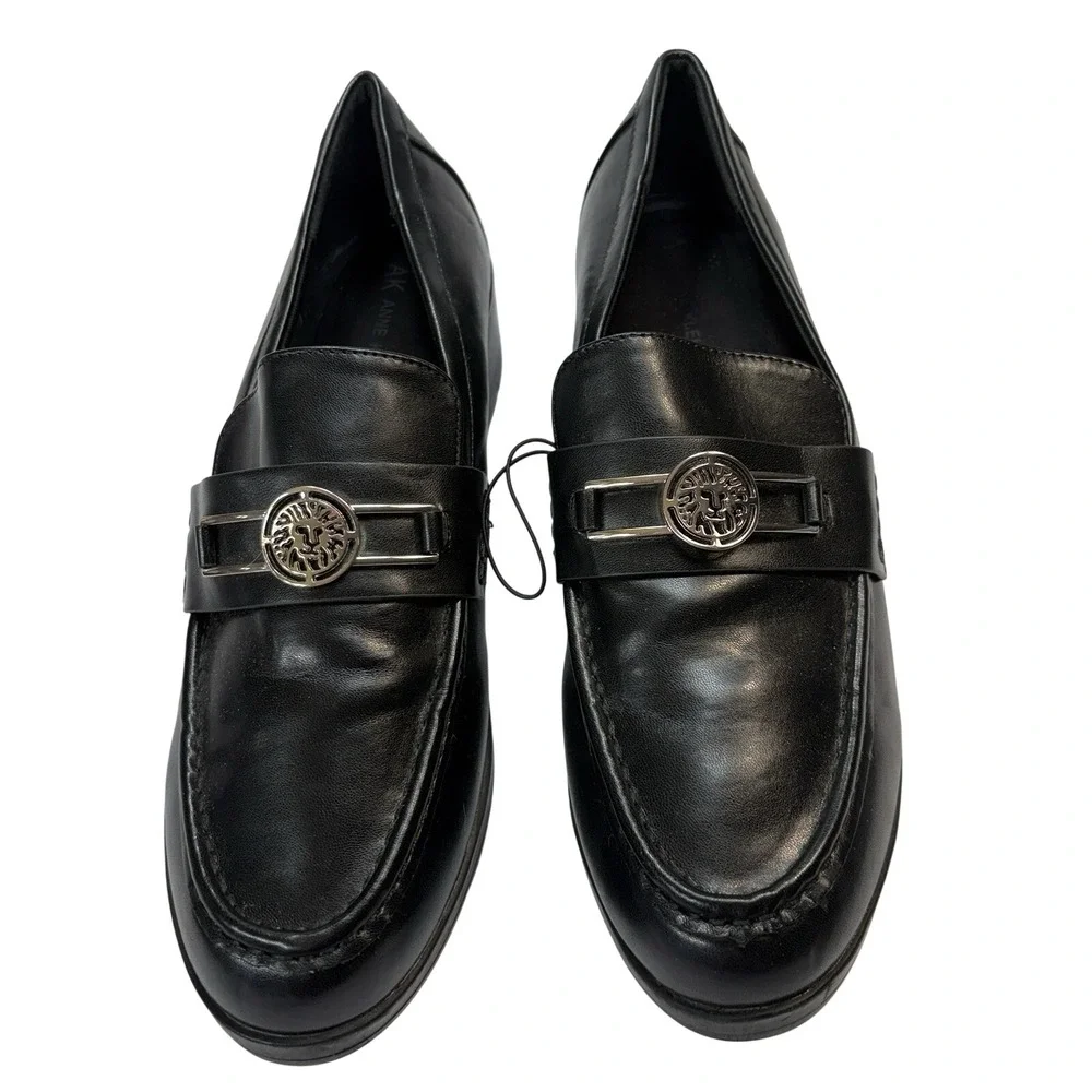 Anne Klein AKqamari Black Leather Loafers 10M‎ Wedge Heel Preppy Chic